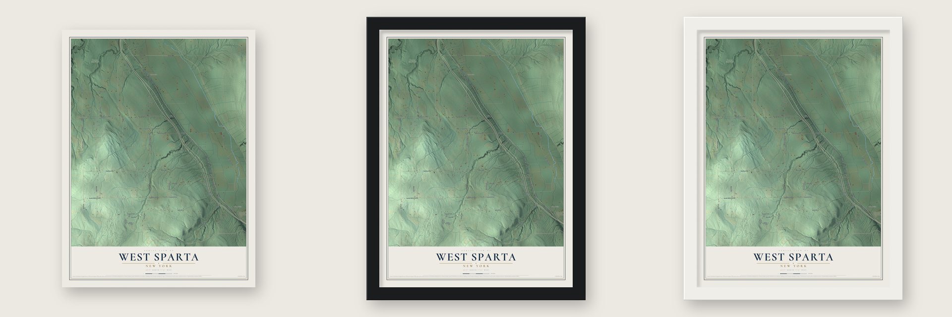 West Sparta, New York map unframed, in a black wood frame and in a white wood frame