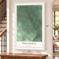 West Sparta, New York map, 24 x 36 inch print in a white frame by a staircase