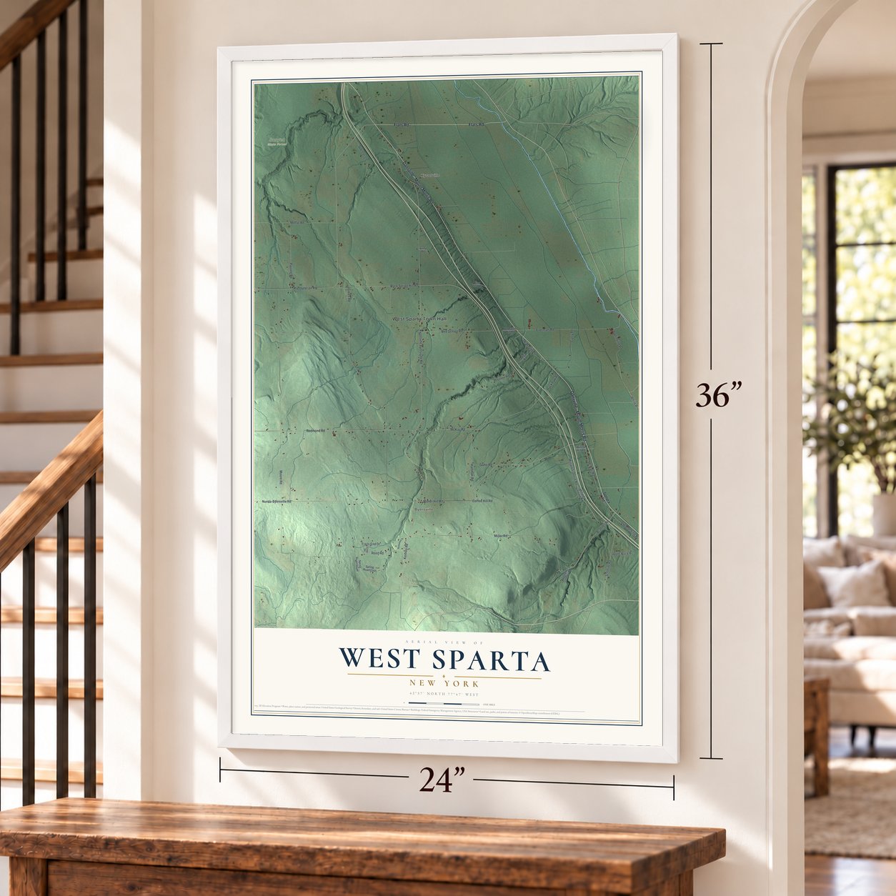 West Sparta, New York map, 24 x 36 inch print in a white frame by a staircase