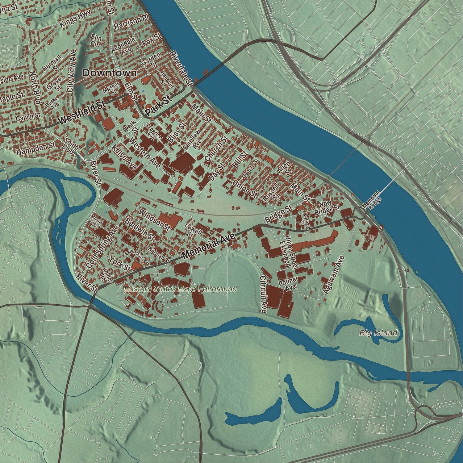 Close-up of the map of West Springfield, Massachusetts print showing terrain and local geography