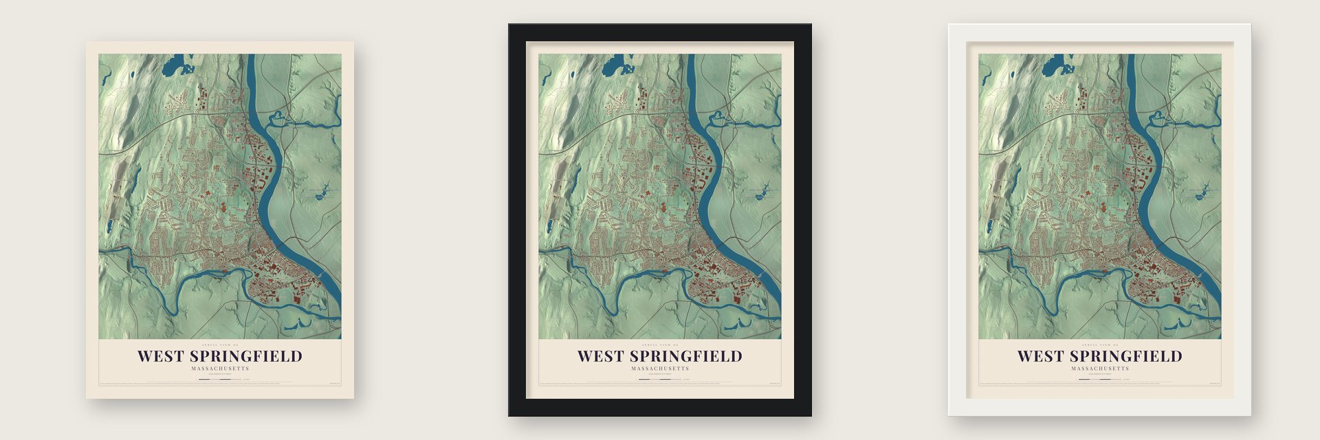 West Springfield, Massachusetts map unframed, in a black wood frame and in a white wood frame