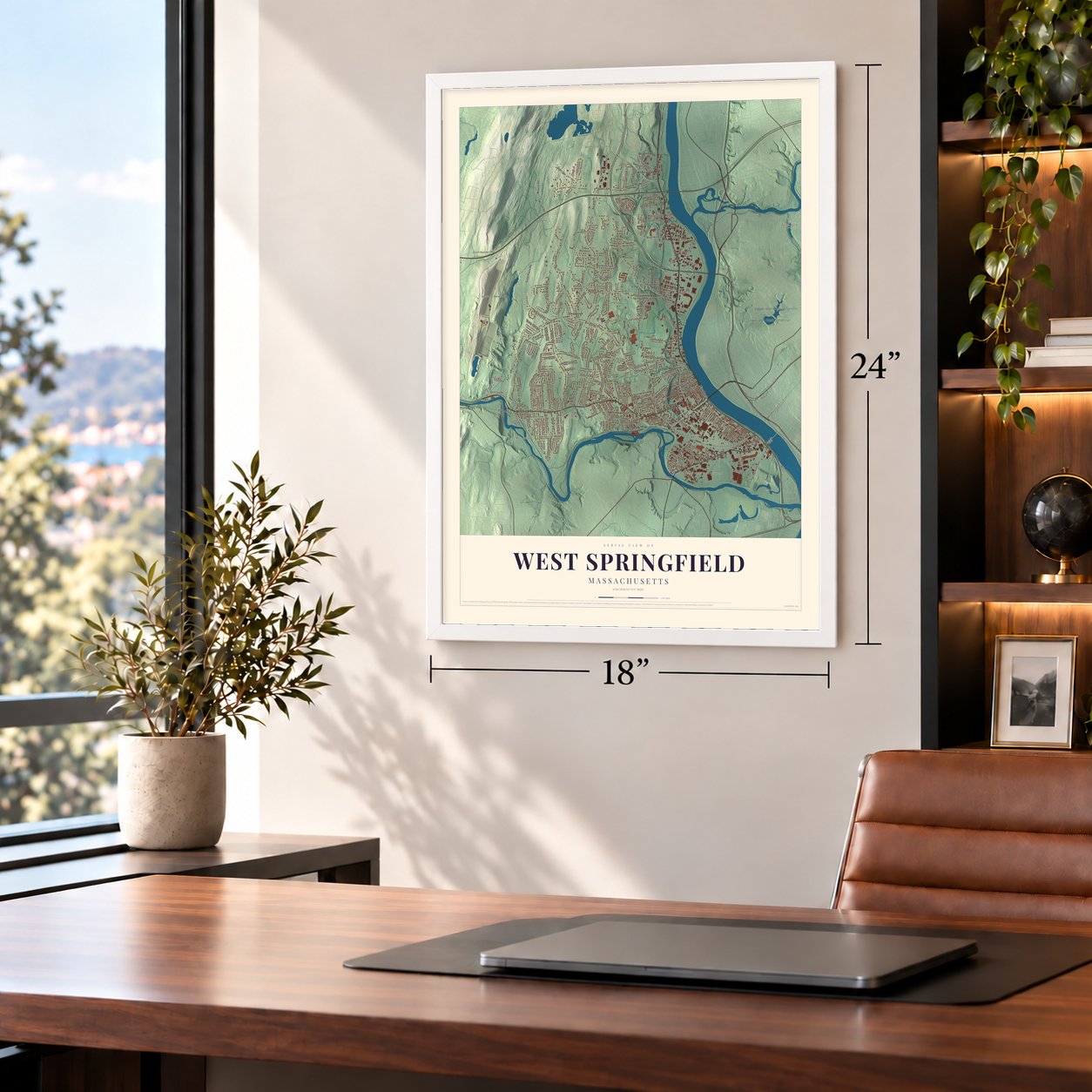 West Springfield, Massachusetts map, 18 x 24 inch print in a white frame in a home office