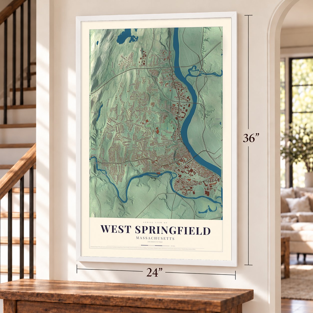 West Springfield, Massachusetts map, 24 x 36 inch print in a white frame by a staircase