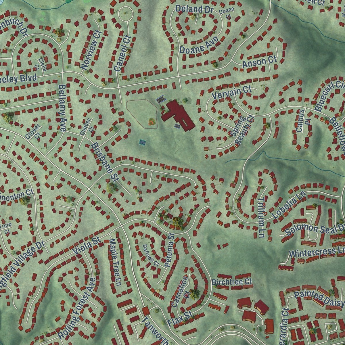 Second close-up of the map of West Springfield, Virginia print showing more streets and buildings