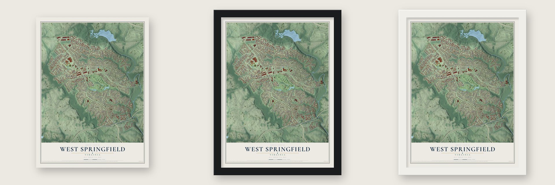 West Springfield, Virginia map unframed, in a black wood frame and in a white wood frame