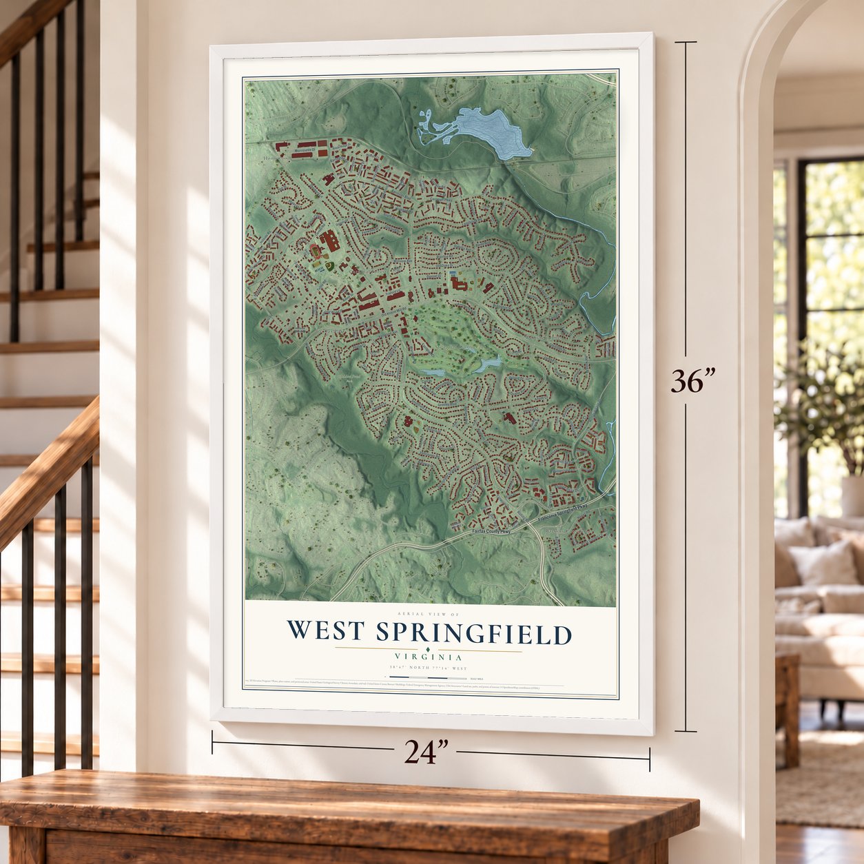 West Springfield, Virginia map, 24 x 36 inch print in a white frame by a staircase