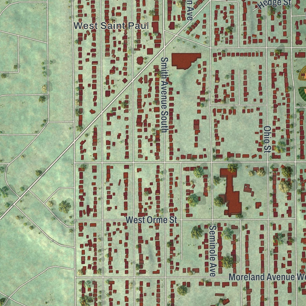 Second close-up of the map of West St. Paul, Minnesota print showing more streets and buildings
