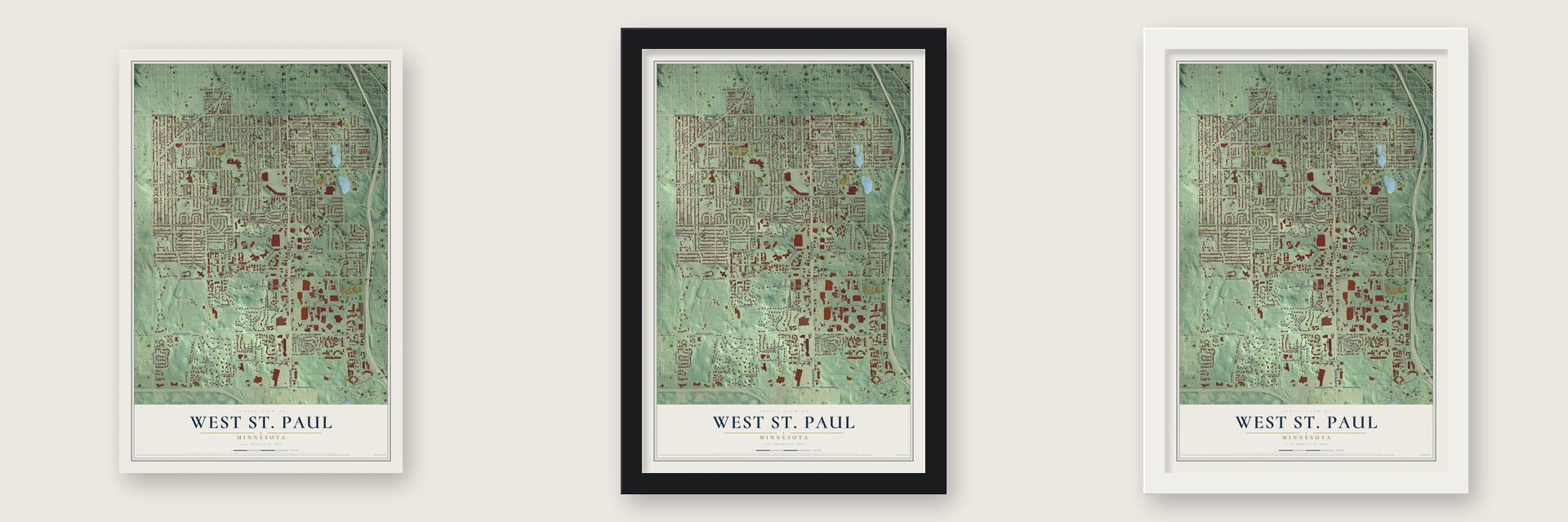 West St. Paul, Minnesota map unframed, in a black wood frame and in a white wood frame