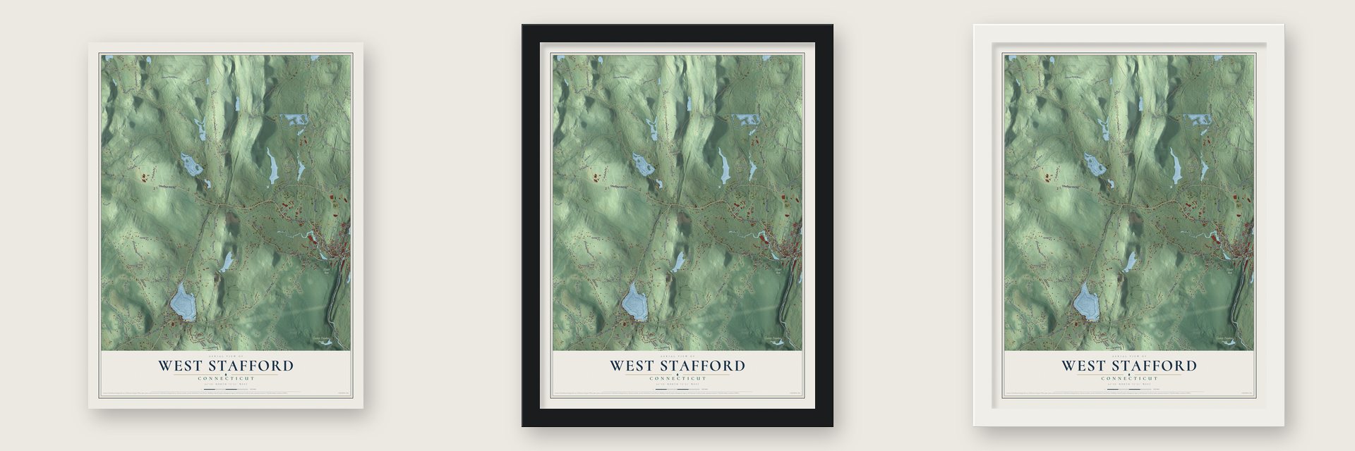 West Stafford, Connecticut map unframed, in a black wood frame and in a white wood frame