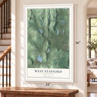 West Stafford, Connecticut map, 24 x 36 inch print in a white frame by a staircase