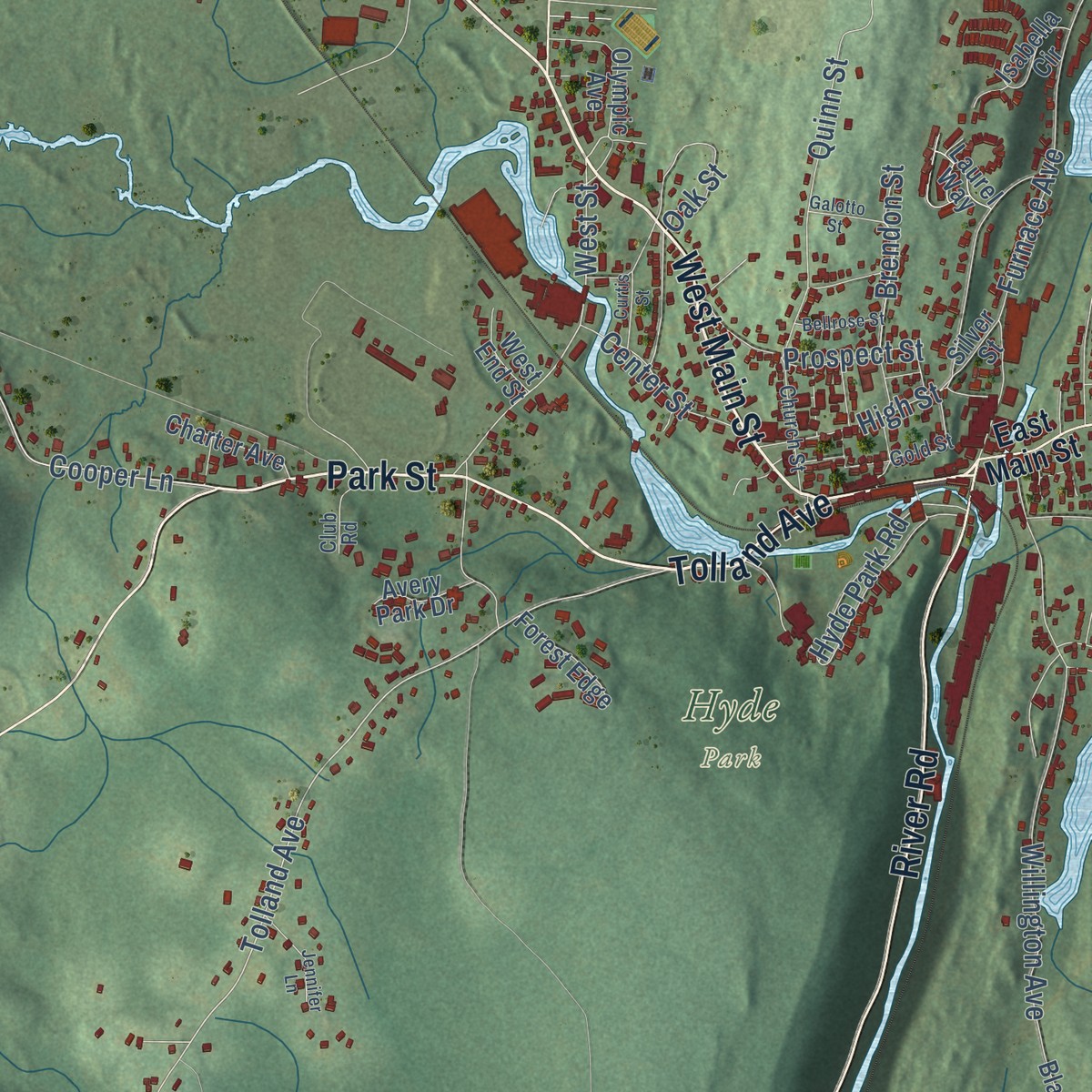 Second close-up of the map of West Stafford, Connecticut print showing more streets and buildings