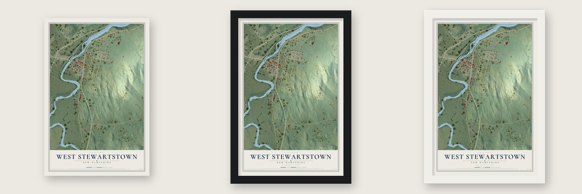 West Stewartstown, New Hampshire map unframed, in a black wood frame and in a white wood frame