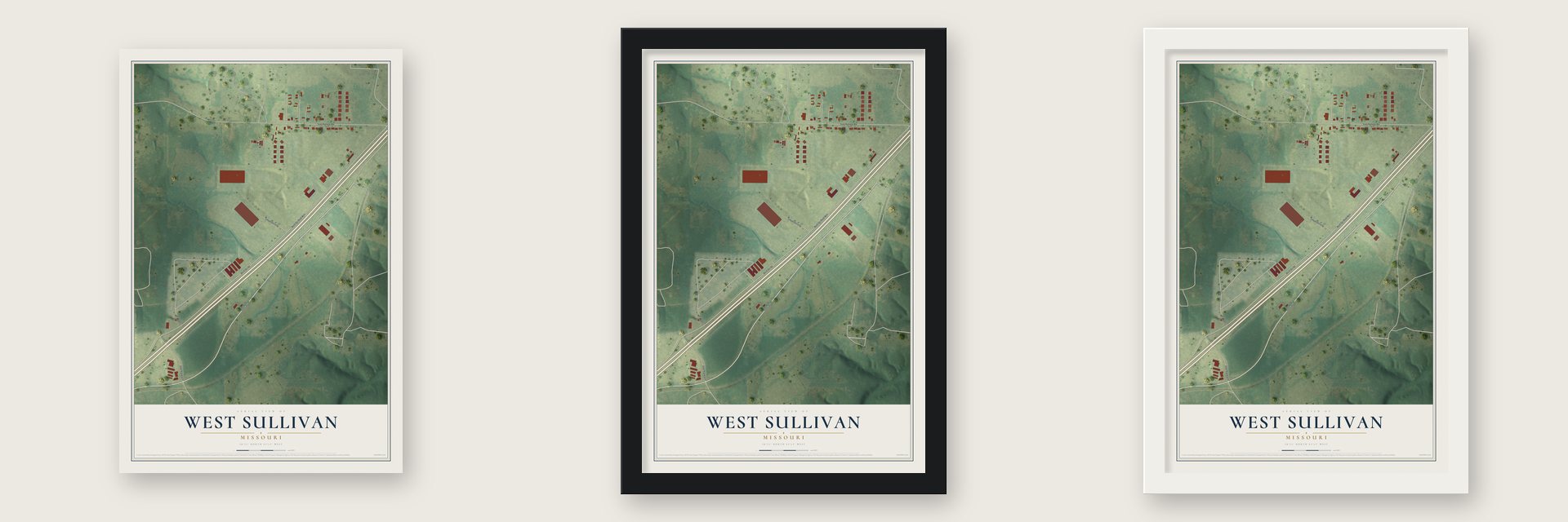 West Sullivan, Missouri map unframed, in a black wood frame and in a white wood frame