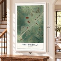 West Sullivan, Missouri map, 24 x 36 inch print in a white frame by a staircase