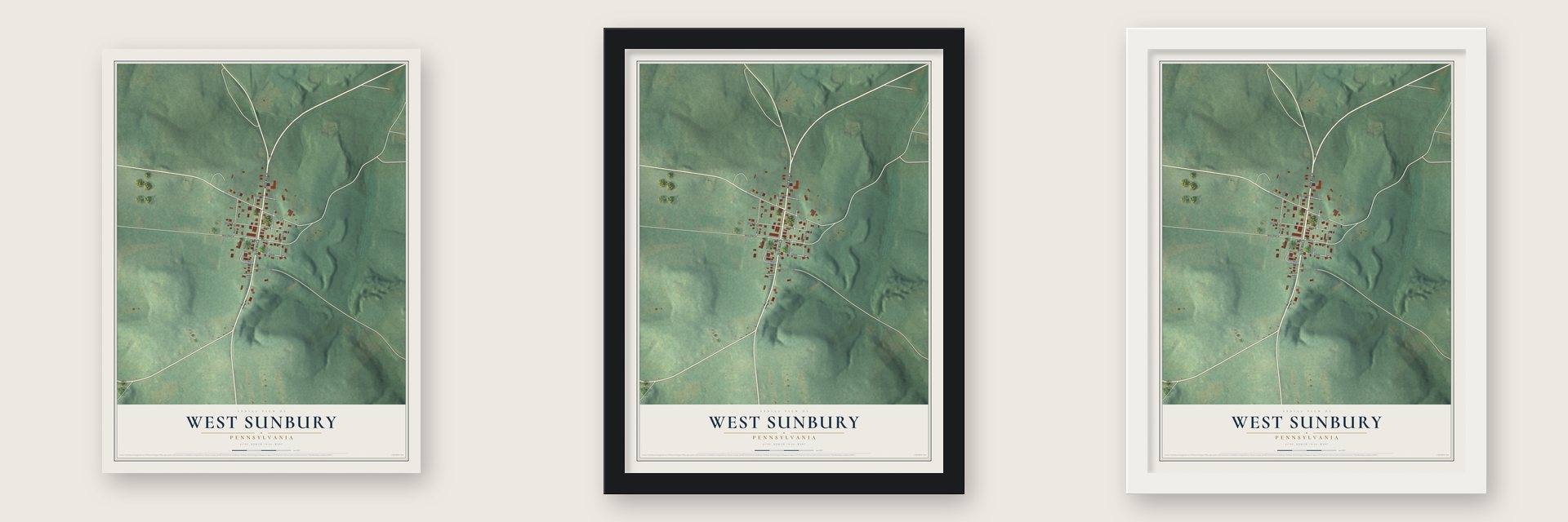 West Sunbury, Pennsylvania map unframed, in a black wood frame and in a white wood frame