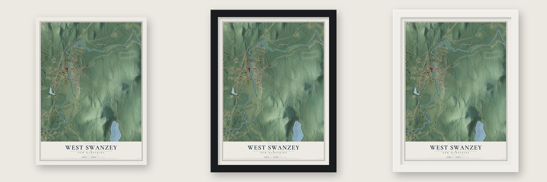 West Swanzey, New Hampshire map unframed, in a black wood frame and in a white wood frame