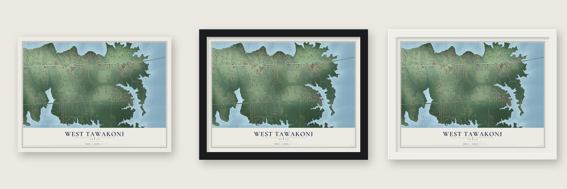 West Tawakoni, Texas map unframed, in a black wood frame and in a white wood frame