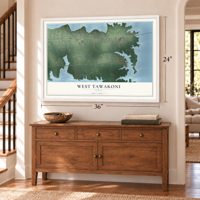 West Tawakoni, Texas map, 24 x 36 inch print in a white frame above a dresser by a staircase