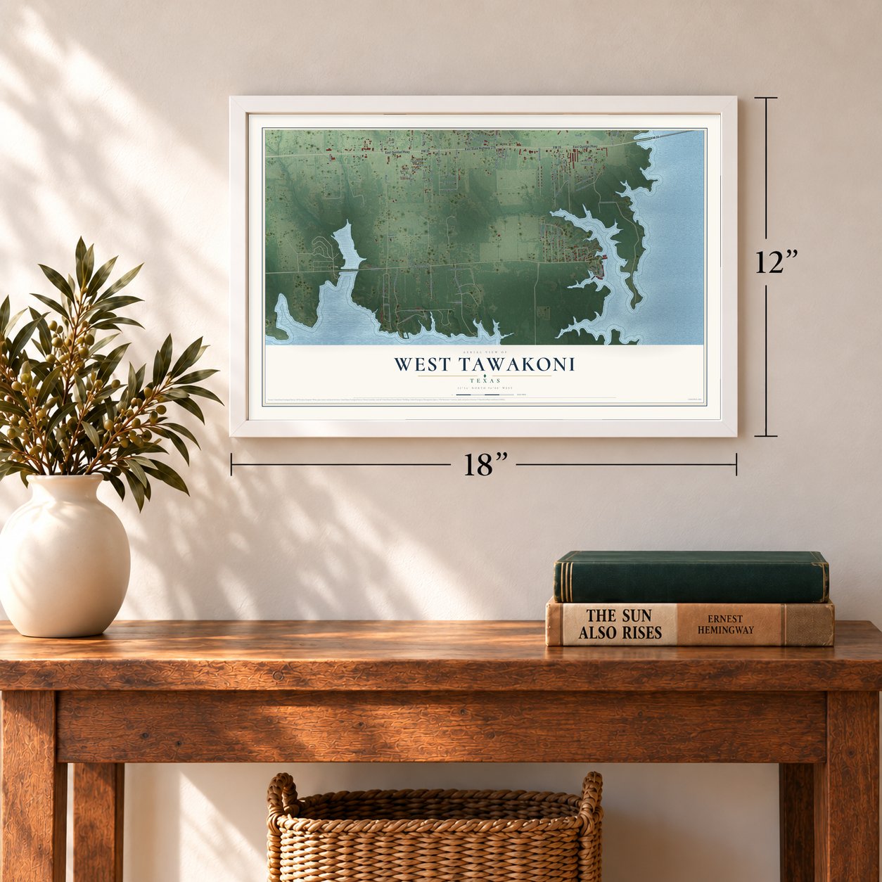 West Tawakoni, Texas map, 12 x 18 inch print in a white frame in an entryway
