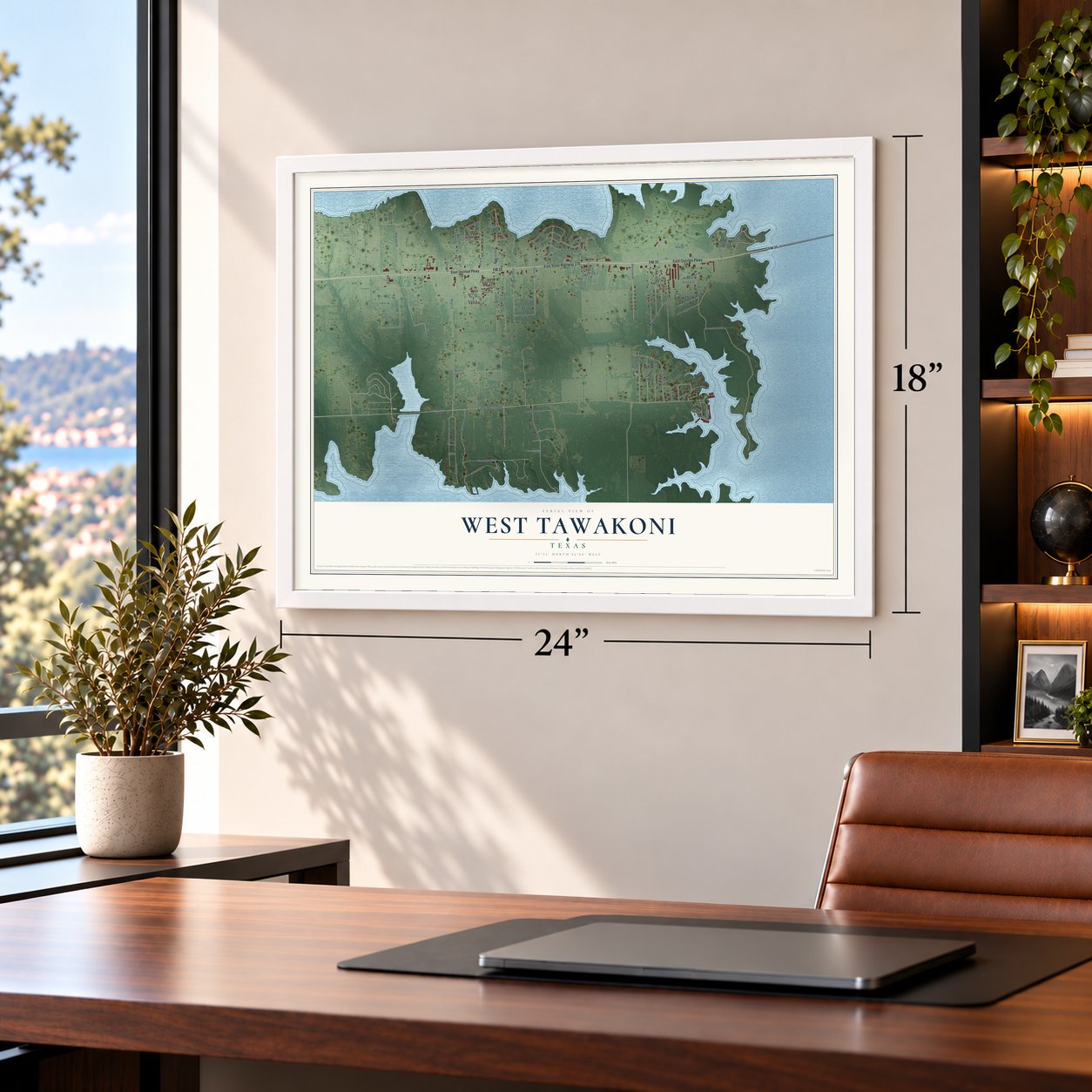 West Tawakoni, Texas map, 18 x 24 inch print in a white frame in a home office