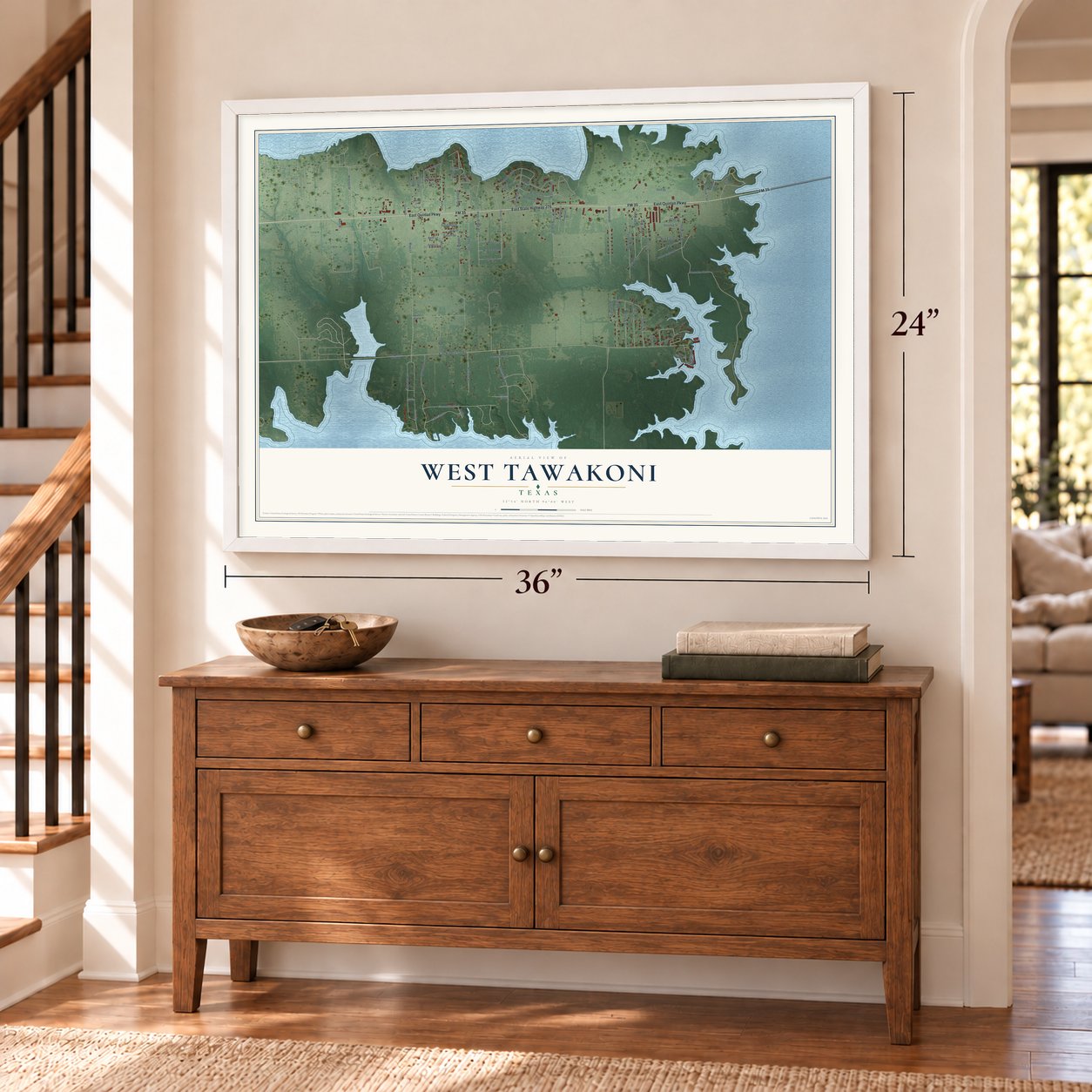 West Tawakoni, Texas map, 24 x 36 inch print in a white frame above a dresser by a staircase