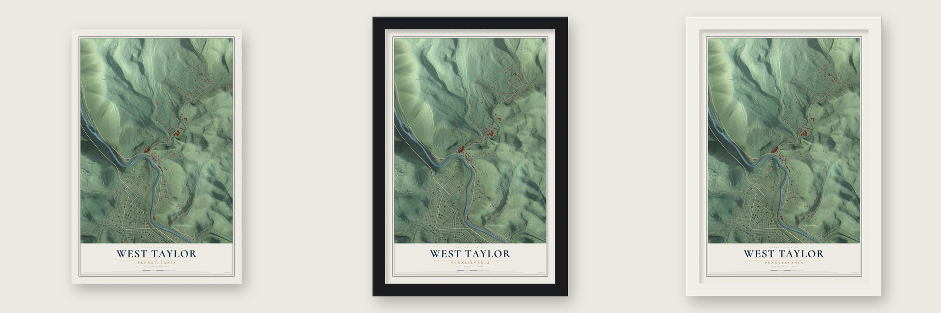 West Taylor, Pennsylvania map unframed, in a black wood frame and in a white wood frame