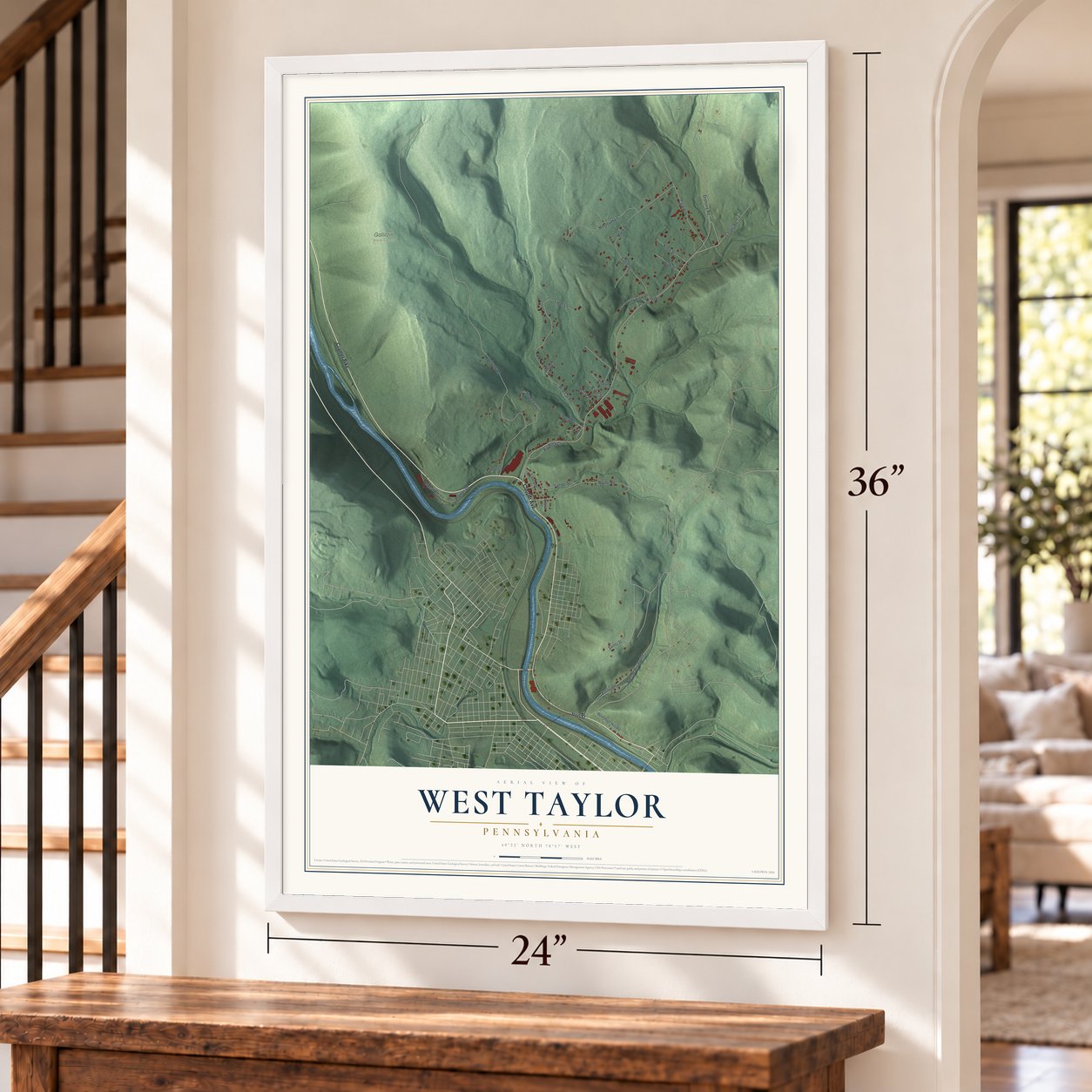 West Taylor, Pennsylvania map, 24 x 36 inch print in a white frame by a staircase