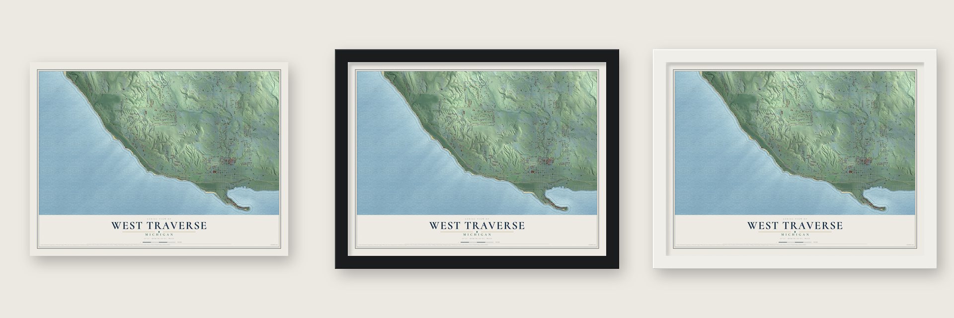 West Traverse, Michigan map unframed, in a black wood frame and in a white wood frame