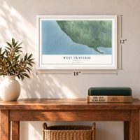 West Traverse, Michigan map, 12 x 18 inch print in a white frame in an entryway