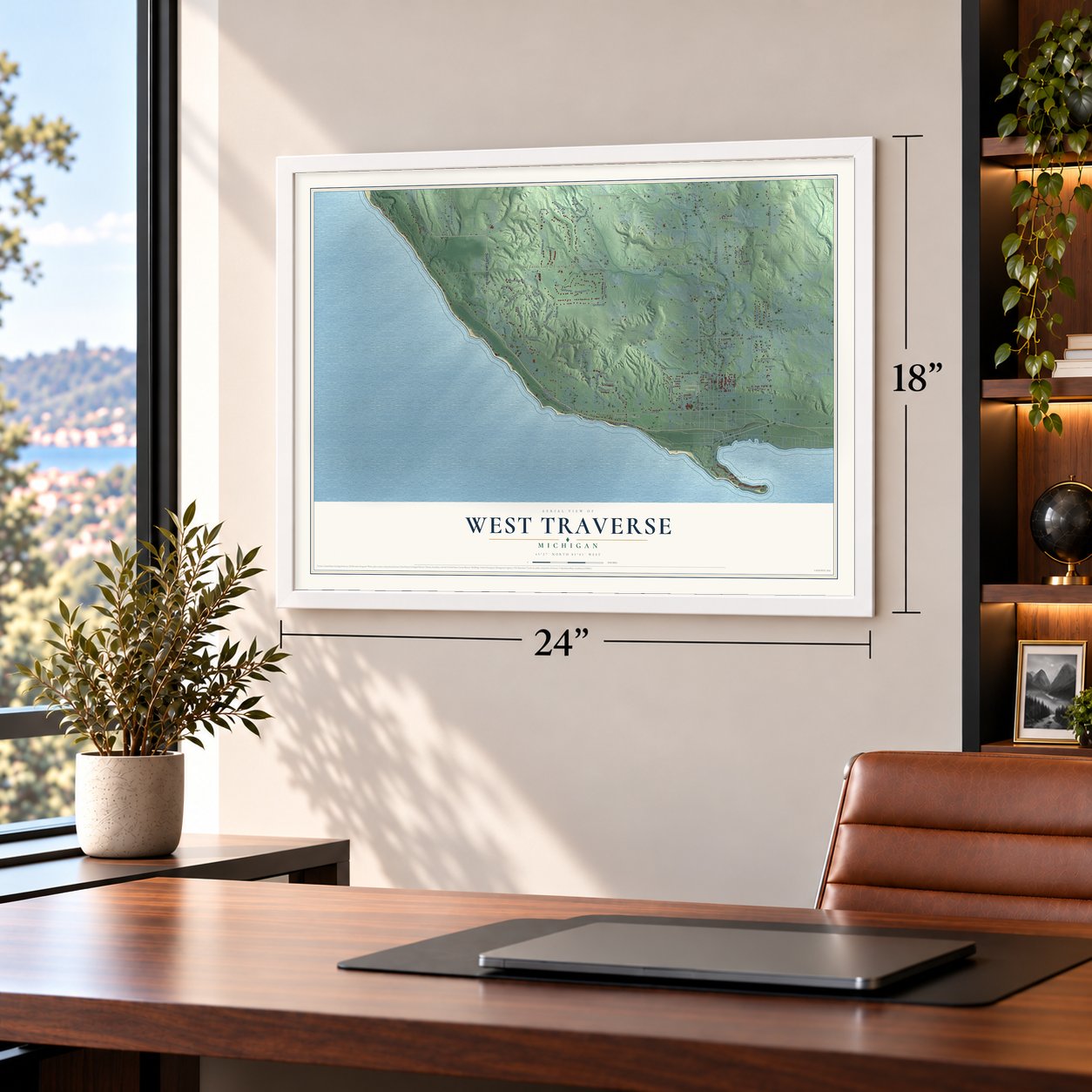 West Traverse, Michigan map, 18 x 24 inch print in a white frame in a home office
