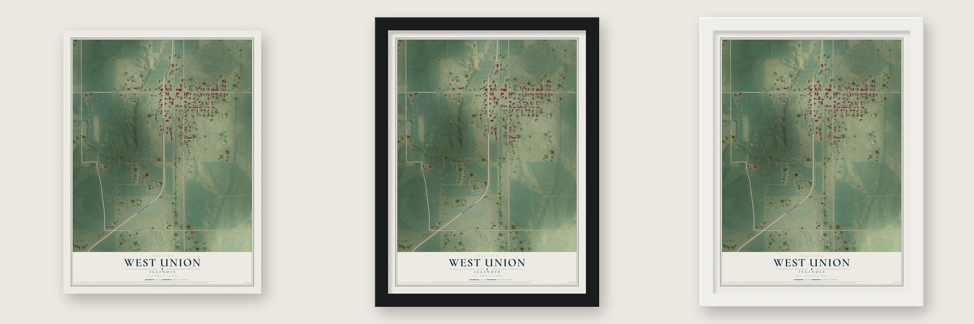 West Union, Illinois map unframed, in a black wood frame and in a white wood frame