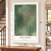 West Union, Illinois map, 24 x 36 inch print in a white frame by a staircase