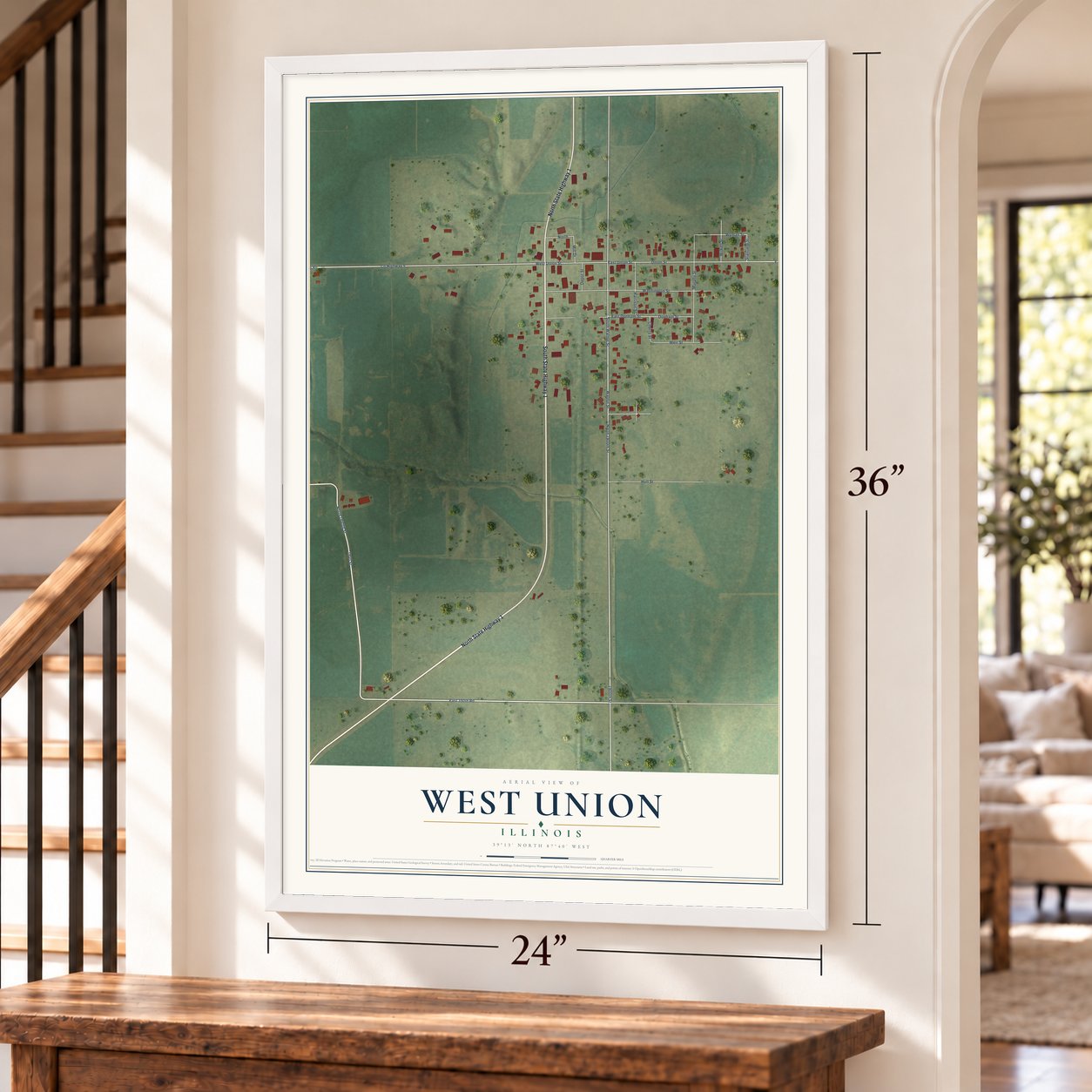 West Union, Illinois map, 24 x 36 inch print in a white frame by a staircase