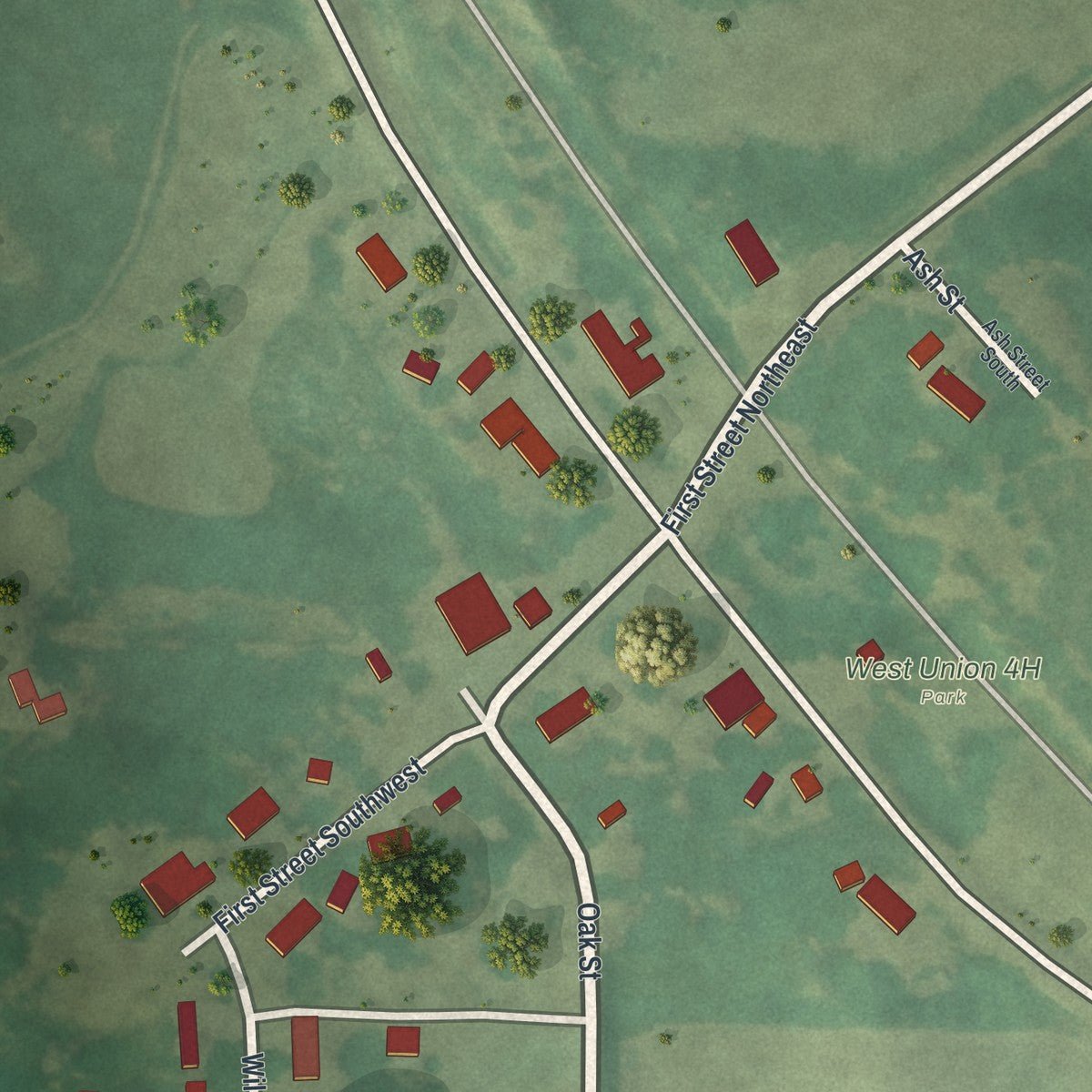 Second close-up of the map of West Union, Minnesota print showing more streets and buildings
