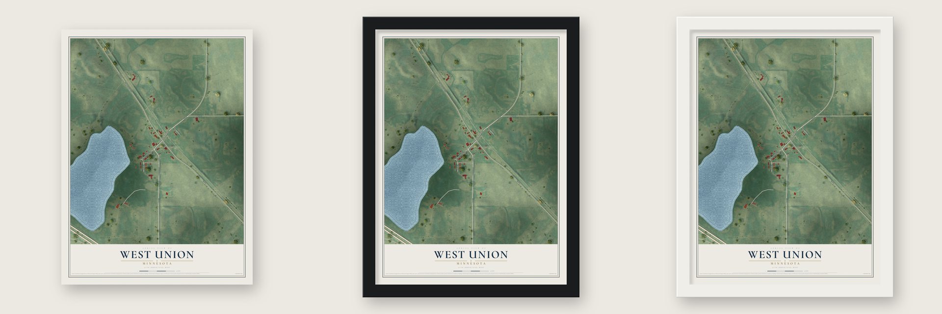 West Union, Minnesota map unframed, in a black wood frame and in a white wood frame