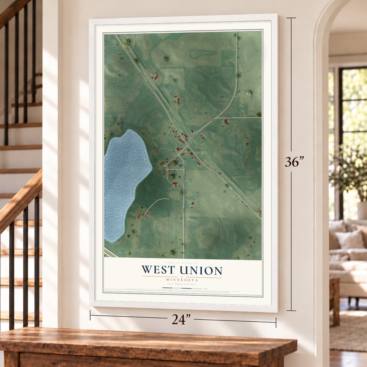 West Union, Minnesota map, 24 x 36 inch print in a white frame by a staircase