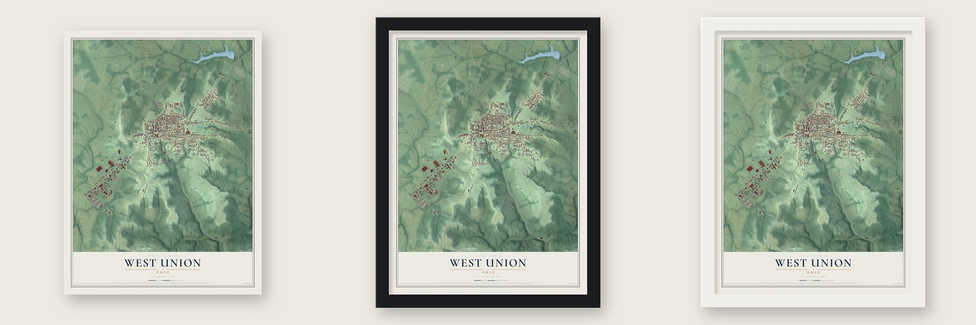 West Union, Ohio map unframed, in a black wood frame and in a white wood frame