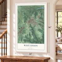 West Union, Ohio map, 24 x 36 inch print in a white frame by a staircase