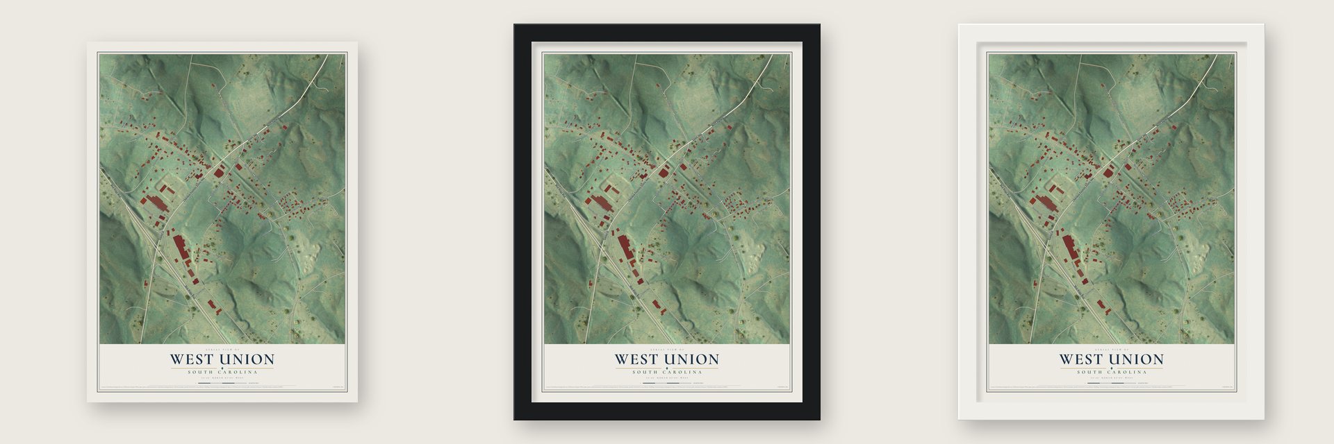 West Union, South Carolina map unframed, in a black wood frame and in a white wood frame