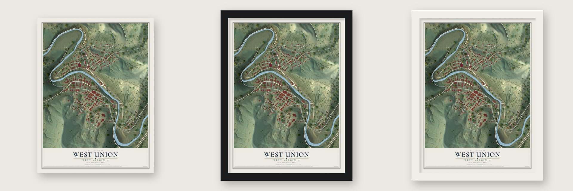 West Union, West Virginia map unframed, in a black wood frame and in a white wood frame