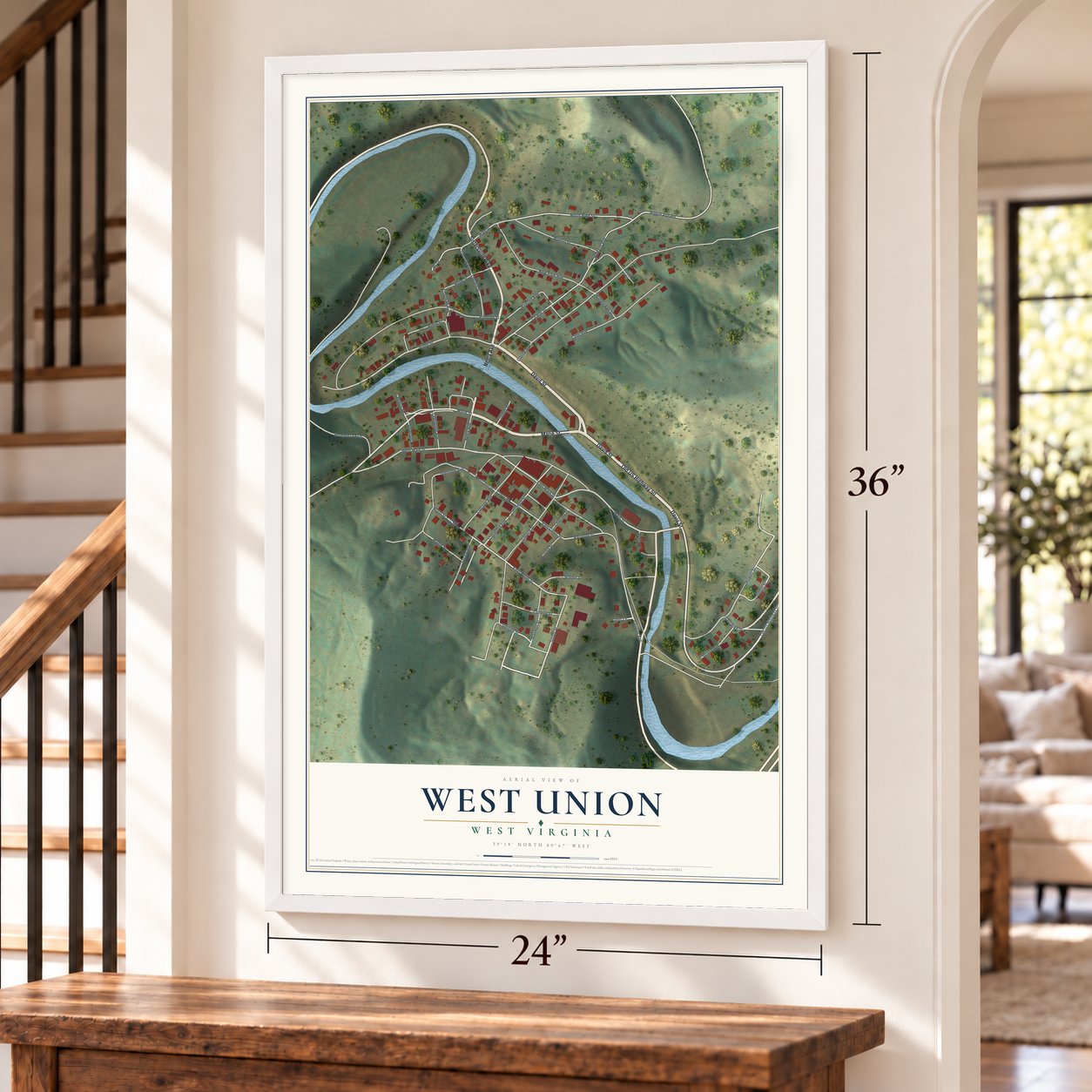 West Union, West Virginia map, 24 x 36 inch print in a white frame by a staircase