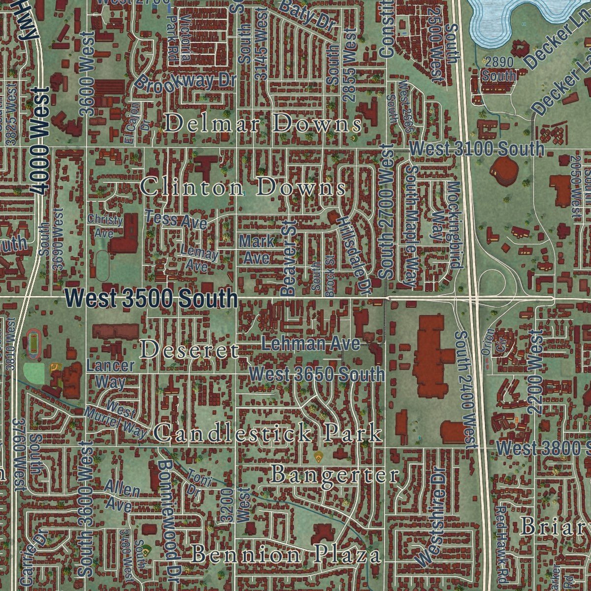 Second close-up of the map of West Valley City, Utah print showing more streets and buildings