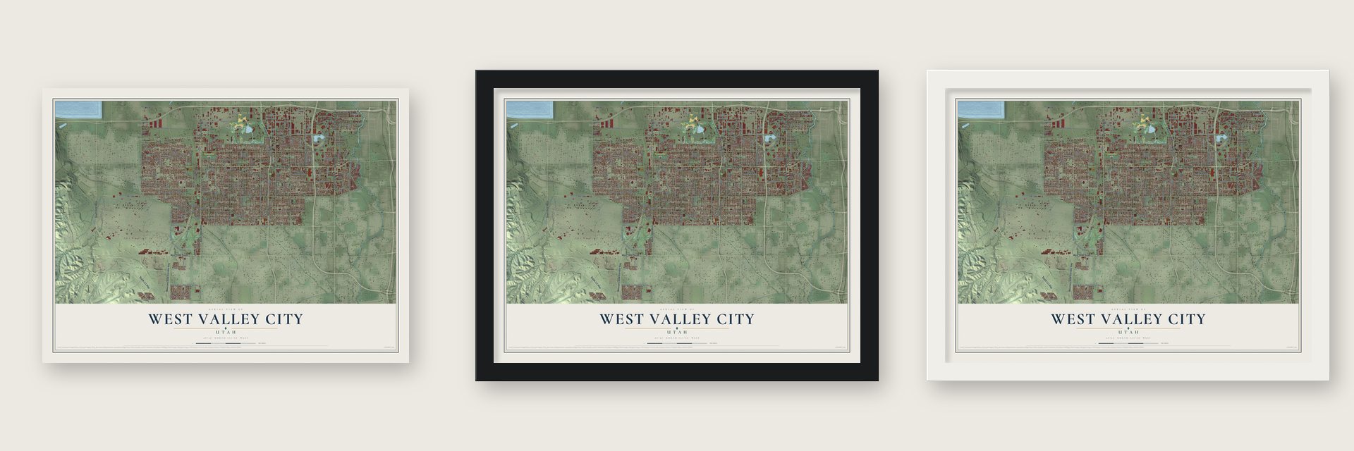 West Valley City, Utah map unframed, in a black wood frame and in a white wood frame