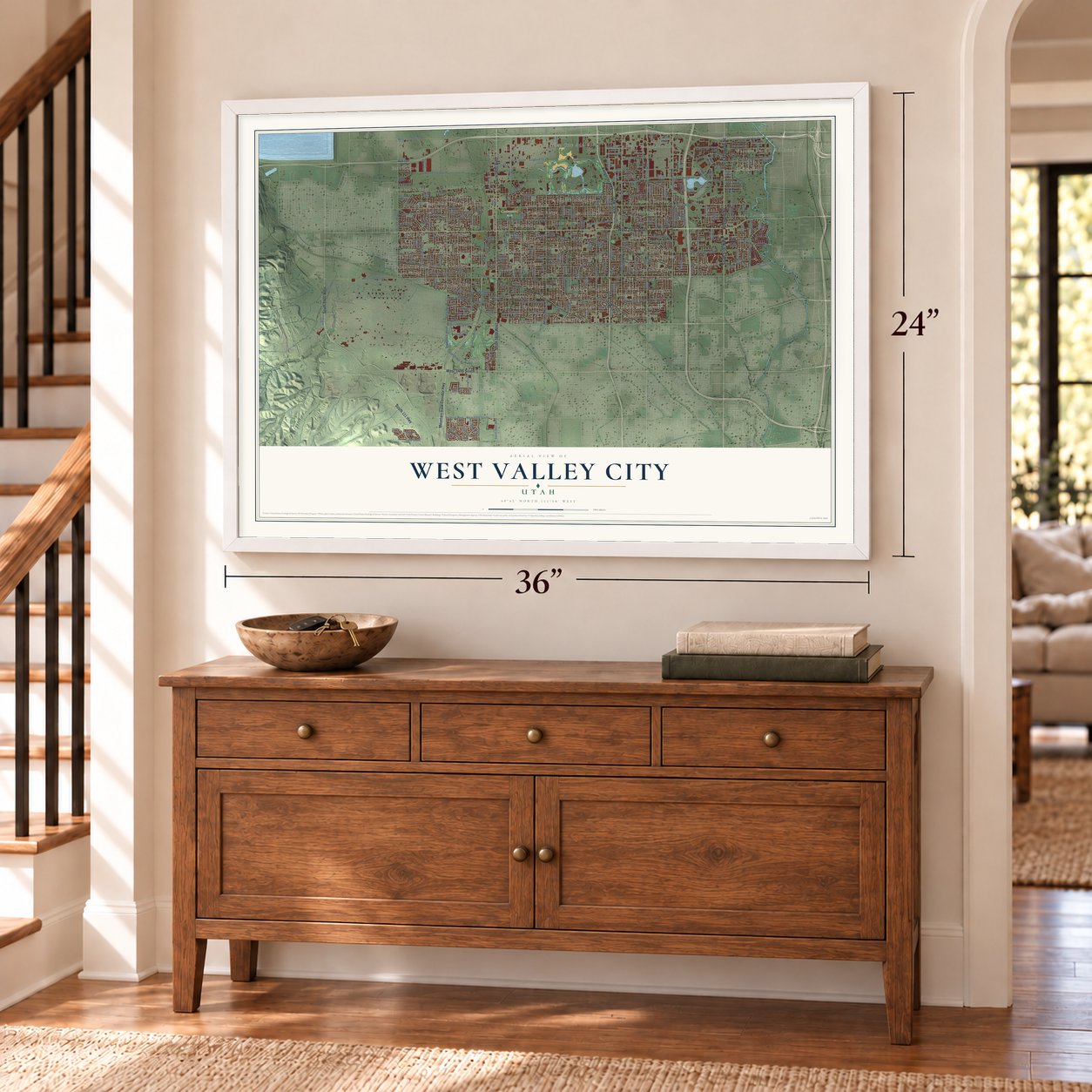 West Valley City, Utah map, 24 x 36 inch print in a white frame above a dresser by a staircase