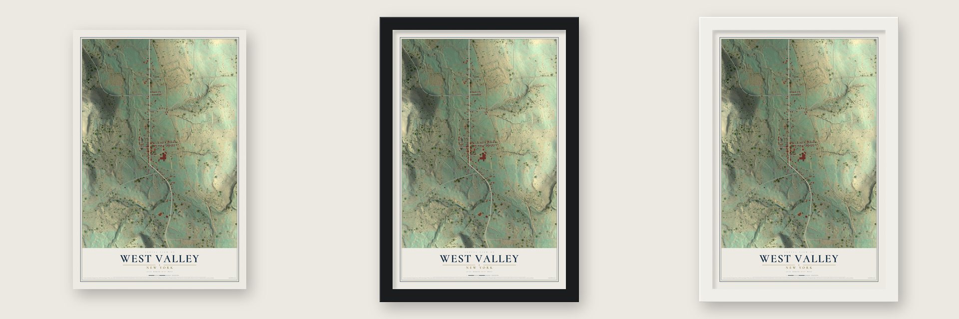 West Valley, New York map unframed, in a black wood frame and in a white wood frame