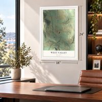 West Valley, New York map, 18 x 24 inch print in a white frame in a home office