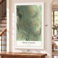 West Valley, New York map, 24 x 36 inch print in a white frame by a staircase