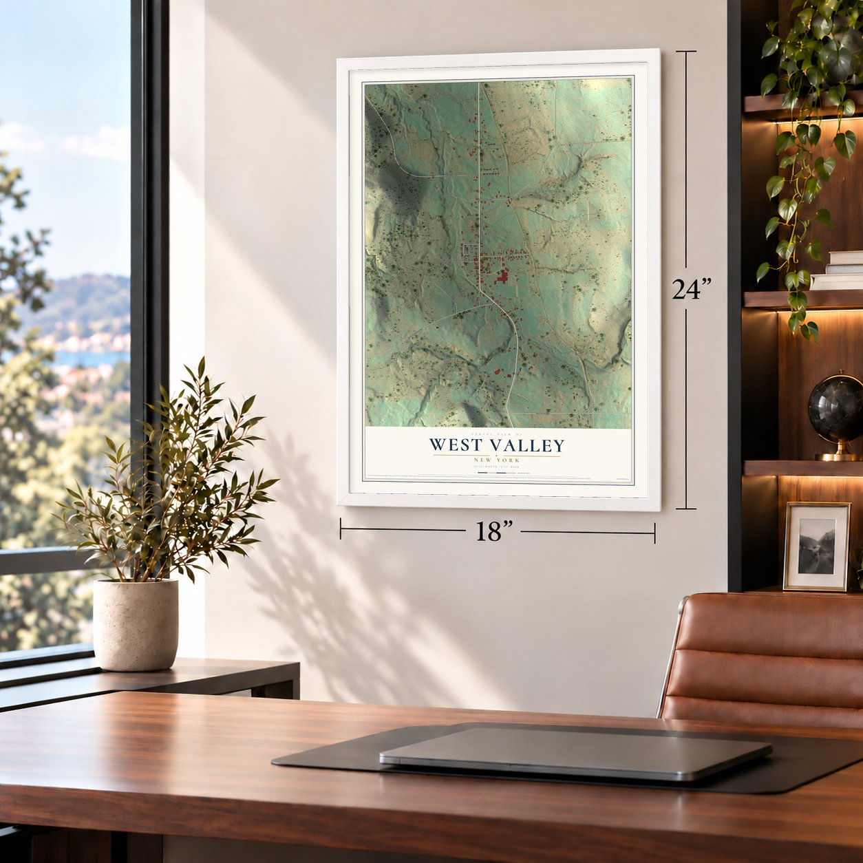West Valley, New York map, 18 x 24 inch print in a white frame in a home office