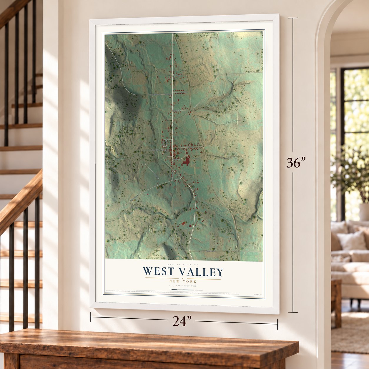 West Valley, New York map, 24 x 36 inch print in a white frame by a staircase