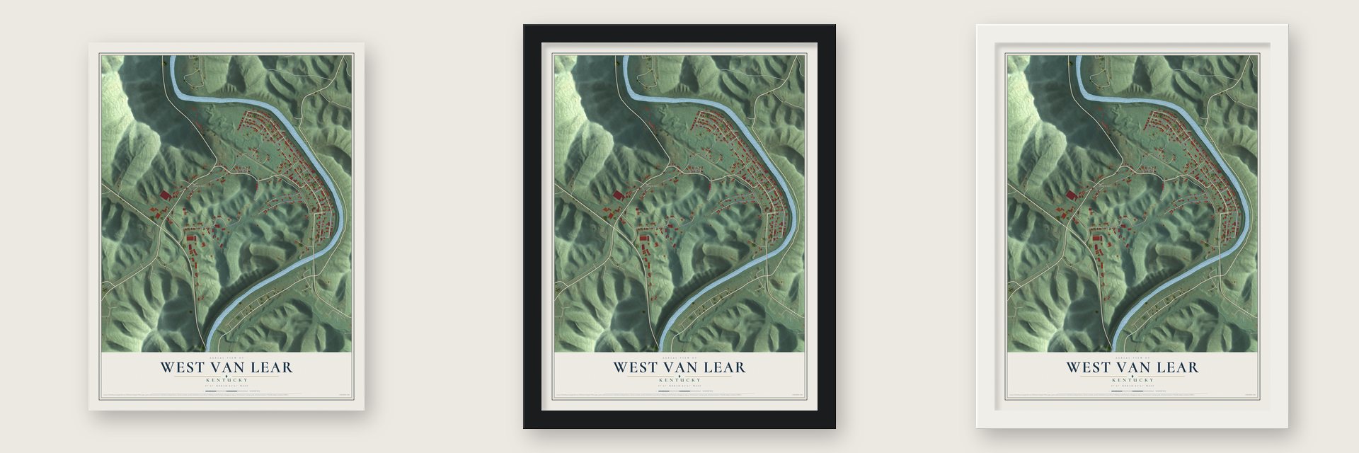 West Van Lear, Kentucky map unframed, in a black wood frame and in a white wood frame